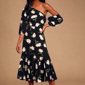 Lulu's Black Floral One-Shoulder Dress